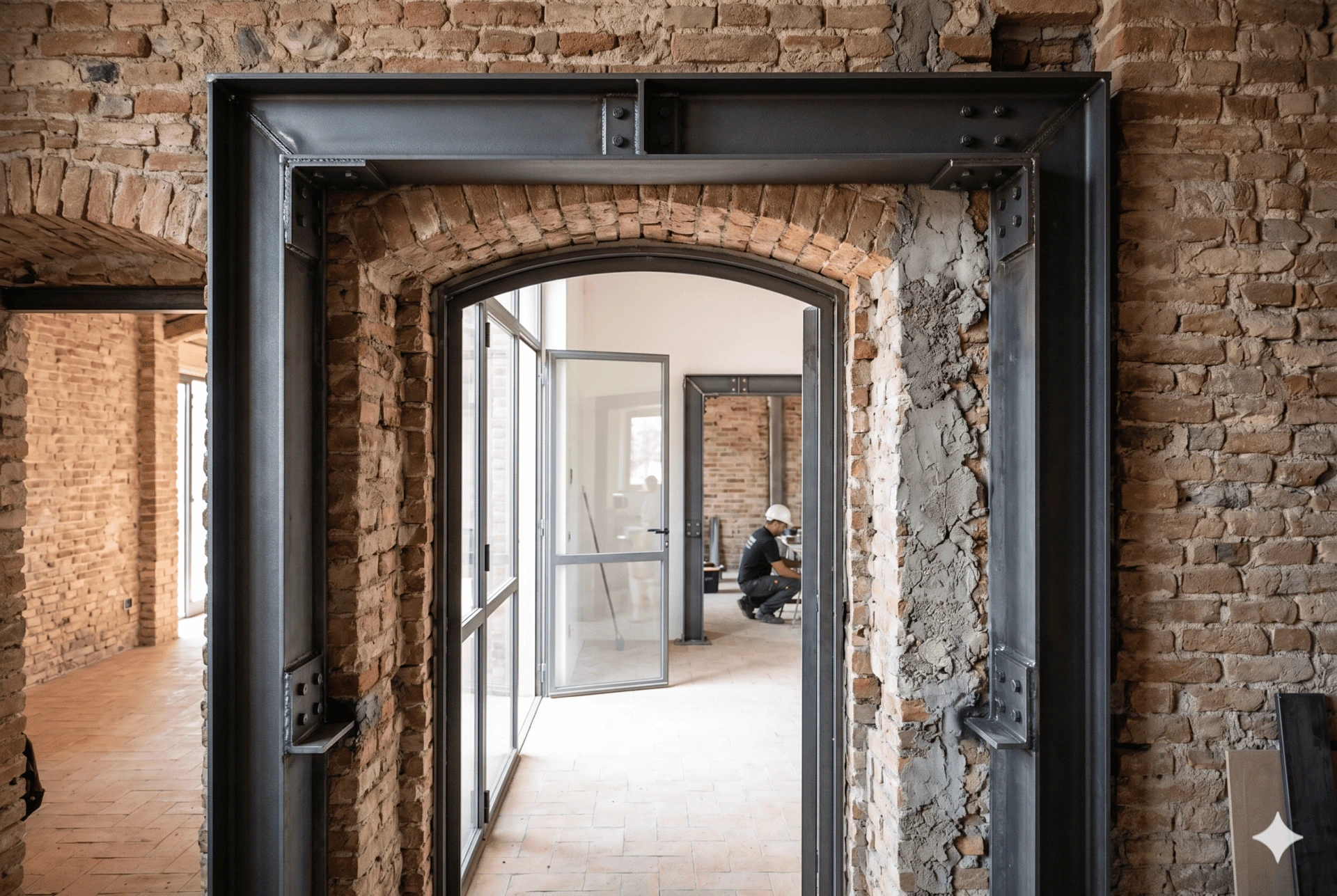 Cerchiatura a vista in metallo di una porta per edificio ad uso civile in mattoni rossi